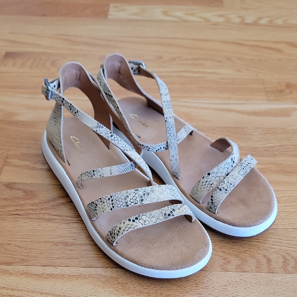 Clarks Leather Jemsa Strap Taupe Snake Sandals